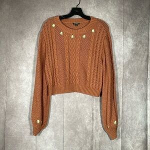 Wild Fable Burnt Orange Chain Knit Floral Detail Cropped Sweater | Medium